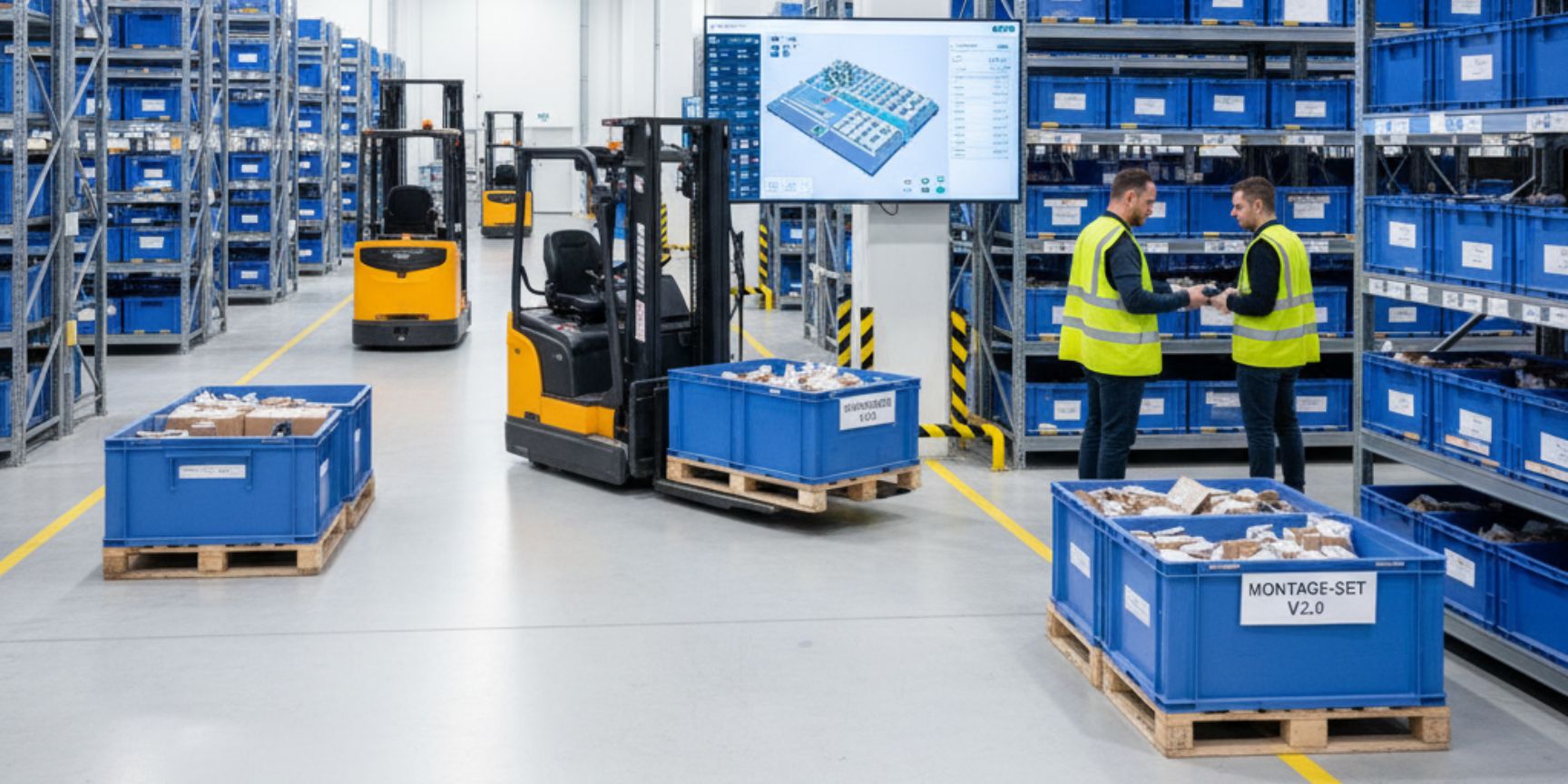 Zwei Logistikmitarbeiter in Sicherheitswesten besprechen Details vor einem digitalen Bildschirm, der eine technische Zeichnung eines Montagekits zeigt, in einem aufgeräumten Logistiklager mit Hochregalen voller blauer KLT-Behälter und Gabelstaplern im Hintergrund. Ein Behälter ist als